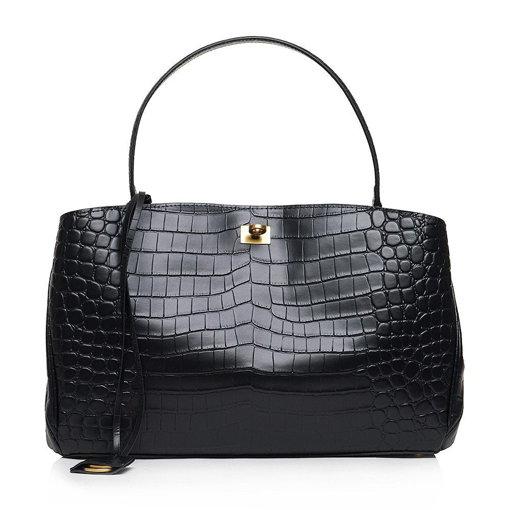 ShoeShop Rodeo black leather handbag with crocodile embossed texture, gold turn-lock closure, and top handle.