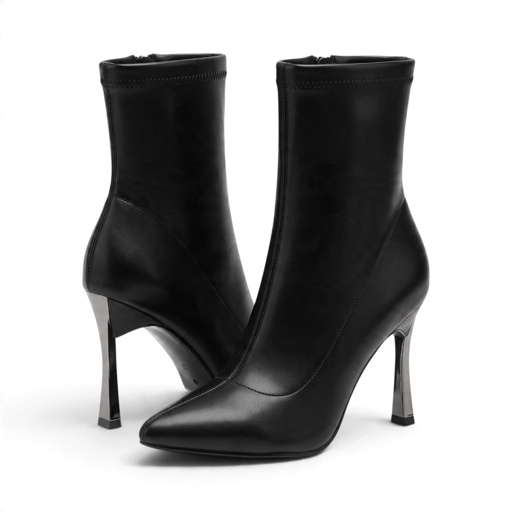 ShoeShop black synthetic ankle boots with a 9.5cm stiletto heel and pointed toe design