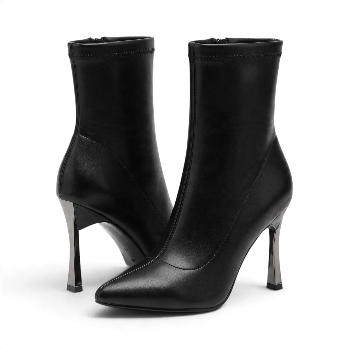 ShoeShop black synthetic ankle boots with a 9.5cm stiletto heel and pointed toe design