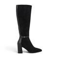 ShoeShop black knee-high boots in suede and faux leather with a 8.5cm block heel and gold-tone hardware detail.