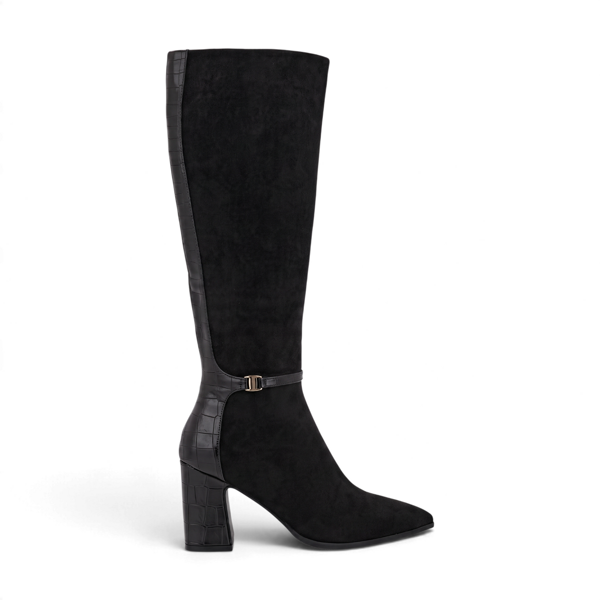 ShoeShop black knee-high boots in suede and faux leather with a 8.5cm block heel and gold-tone hardware detail.