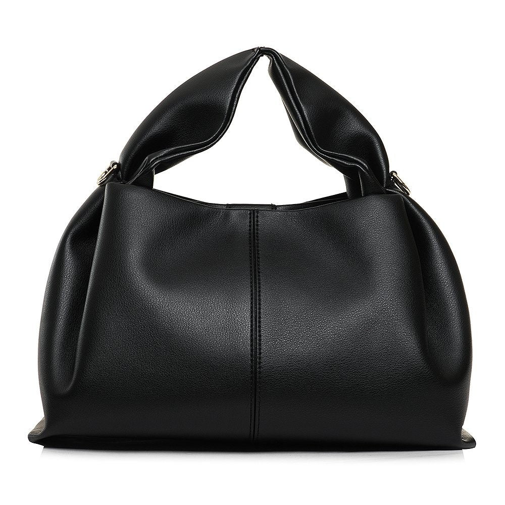 ShoeShop Neuf large black leather handbag with a structured design, gathered top handles, and a magnetic closure.