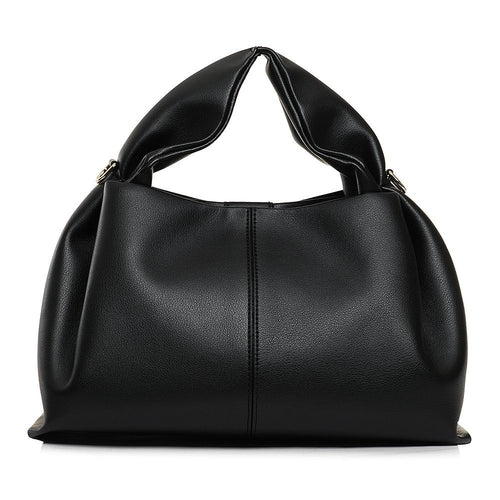ShoeShop Neuf large black leather handbag with a structured design, gathered top handles, and a magnetic closure.
