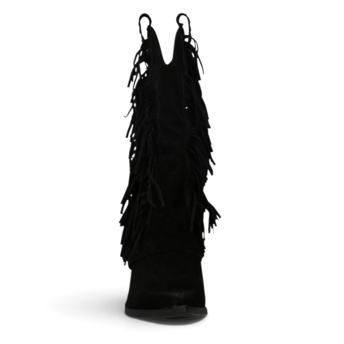 ShoeShop black suede western-style boots with long fringe detailing and pull tabs, front view.