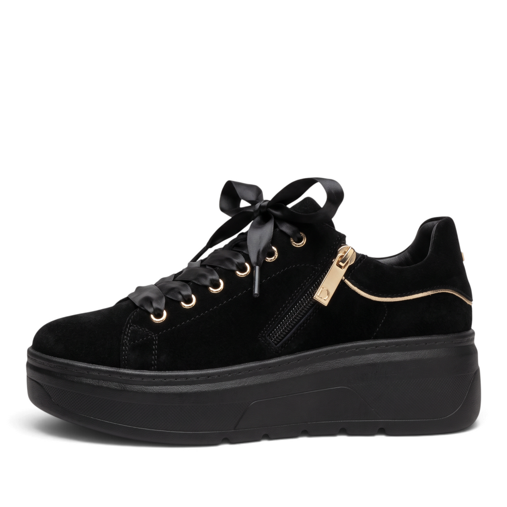 ShoeShop Comart black suede platform sneakers with satin ribbon laces, side zipper, and gold hardware