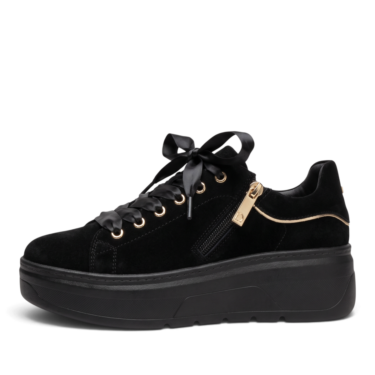 ShoeShop Comart black suede platform sneakers with satin ribbon laces, side zipper, and gold hardware