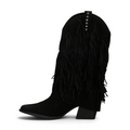 ShoeShop Kharisma 3438 black suede western boots with fringe detailing, silver studs, and a 6cm block heel.