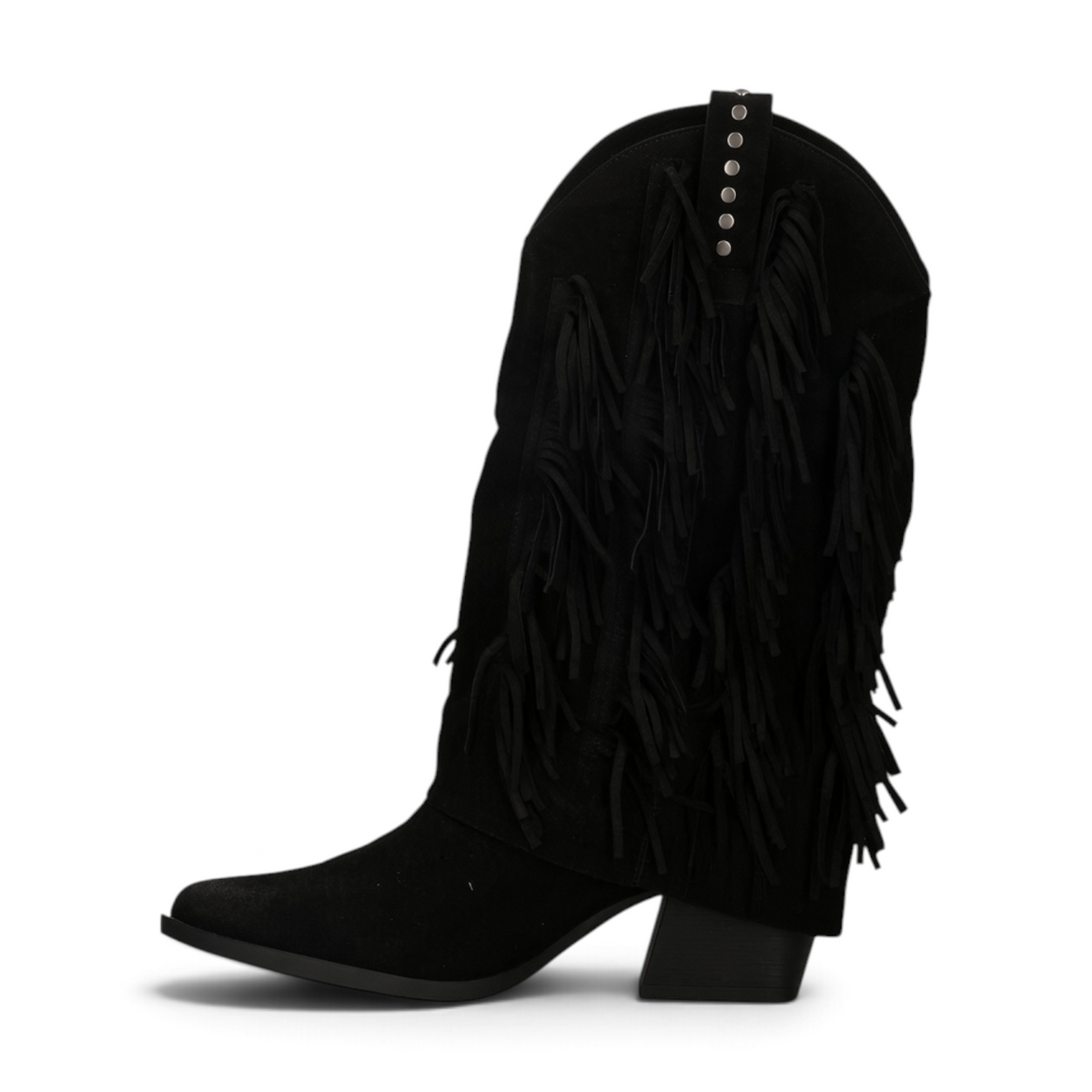 ShoeShop Kharisma 3438 black suede western boots with fringe detailing, silver studs, and a 6cm block heel.