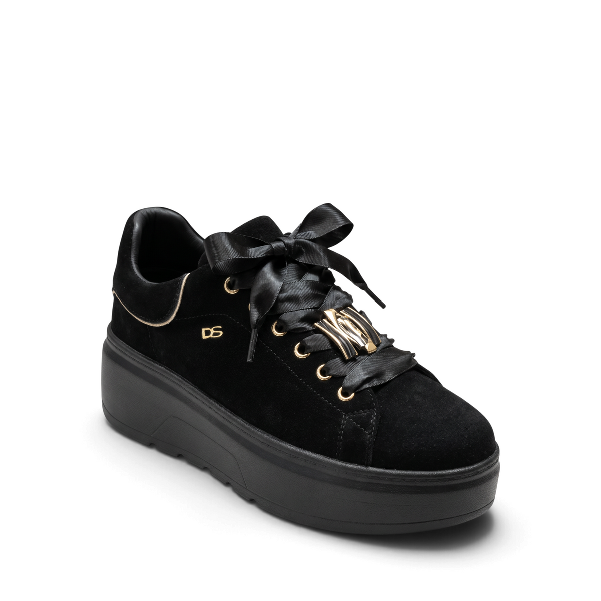 ShoeShop Comart black suede platform sneakers with satin ribbon laces and gold metallic logo detail