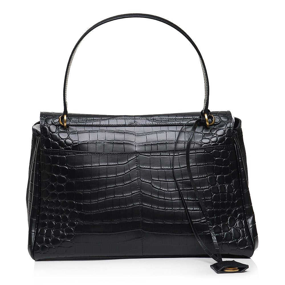 ShoeShop Rodeo black leather handbag with a crocodile-embossed texture, top handle, and elegant turn-lock closure.