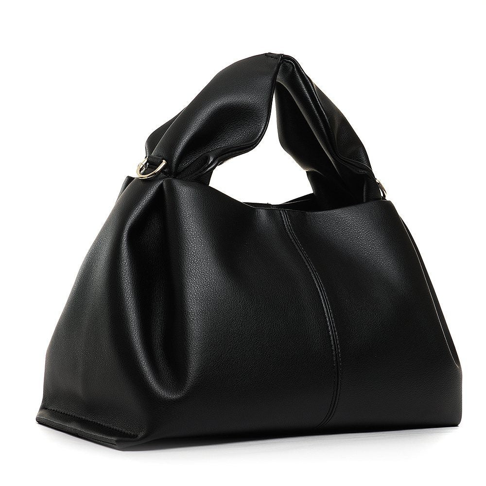 ShoeShop Neuf large black leather handbag with a unique gathered handle design and magnetic closure