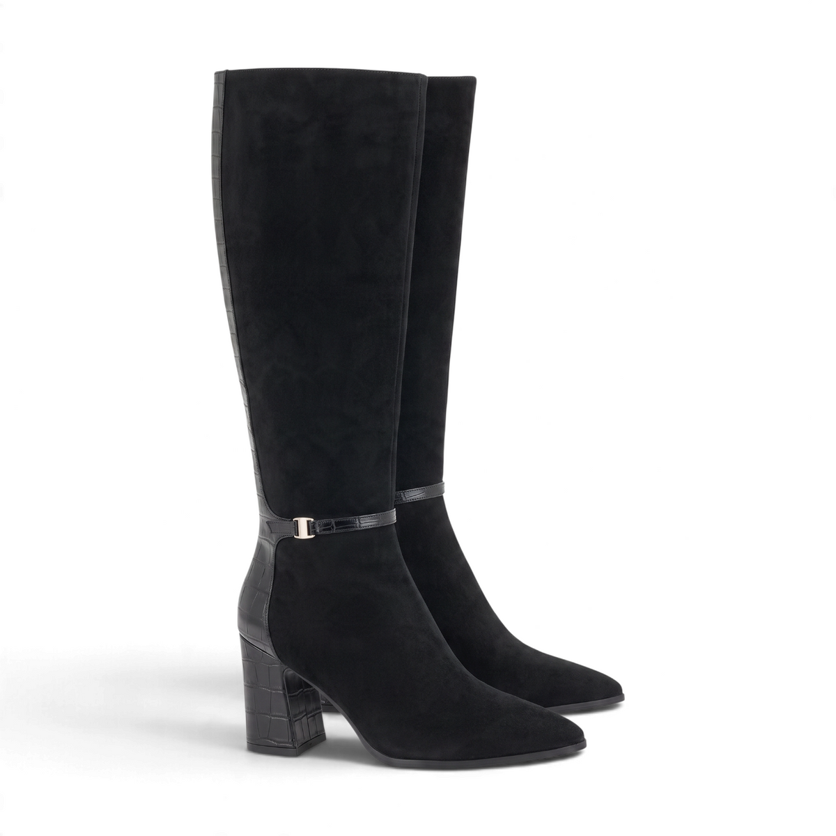 ShoeShop black knee-high boots in suede and synthetic material with an 8.5cm block heel and croc-effect detailing.