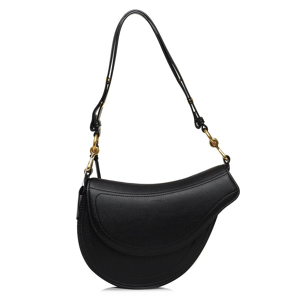 ShoeShop Ashlie black leather saddle bag with gold hardware and an adjustable shoulder strap