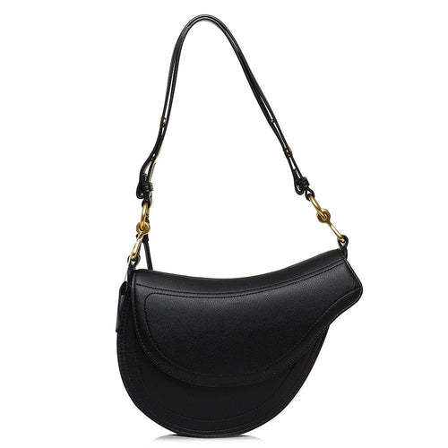 ShoeShop Ashlie black leather saddle bag with gold hardware and an adjustable shoulder strap