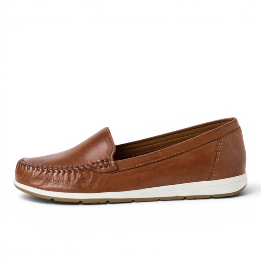 Marco Tozzi brown leather loafers with stitched detailing and white sole.