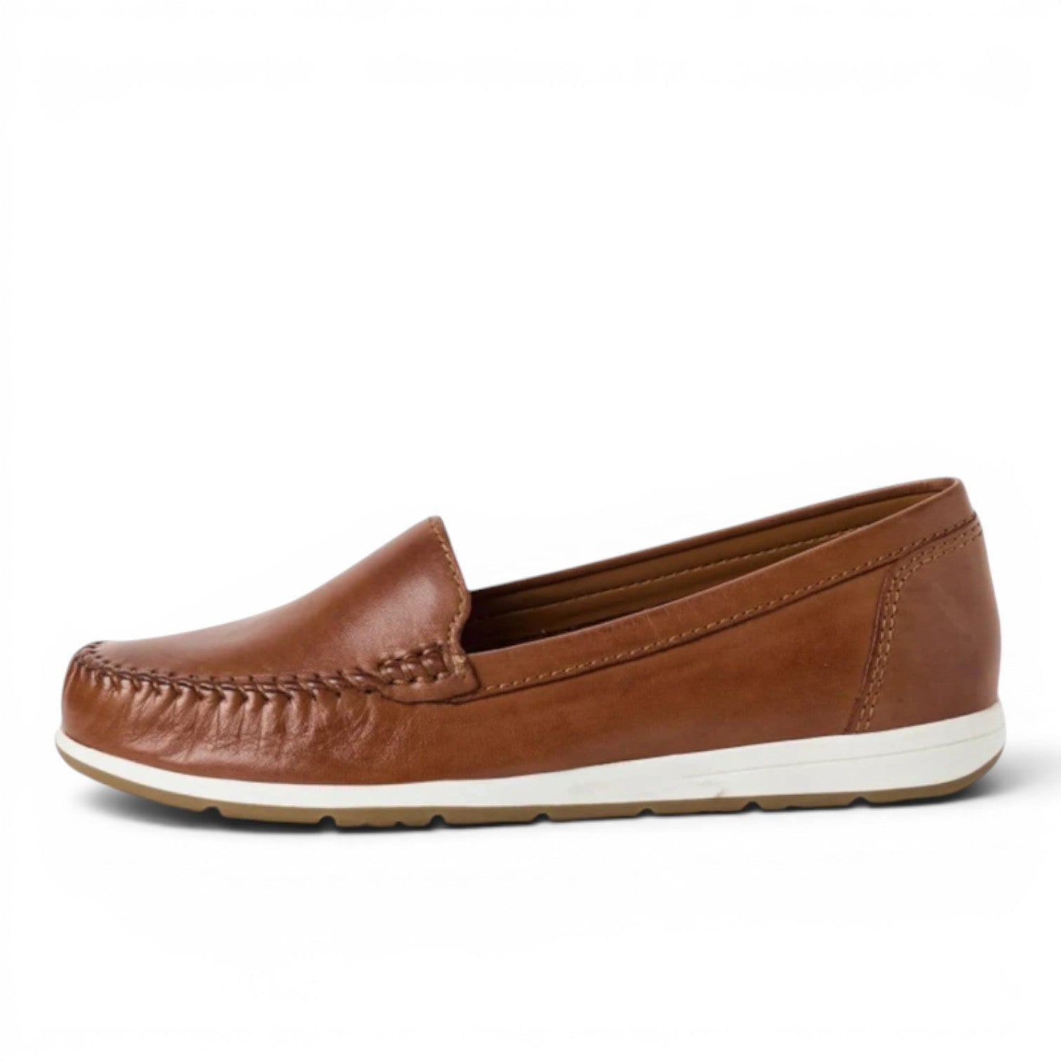 Marco Tozzi brown leather loafers with stitched detailing and white sole.