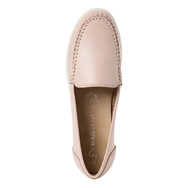 Marco Tozzi pink leather loafers with decorative stitching on the toe and a synthetic sole.