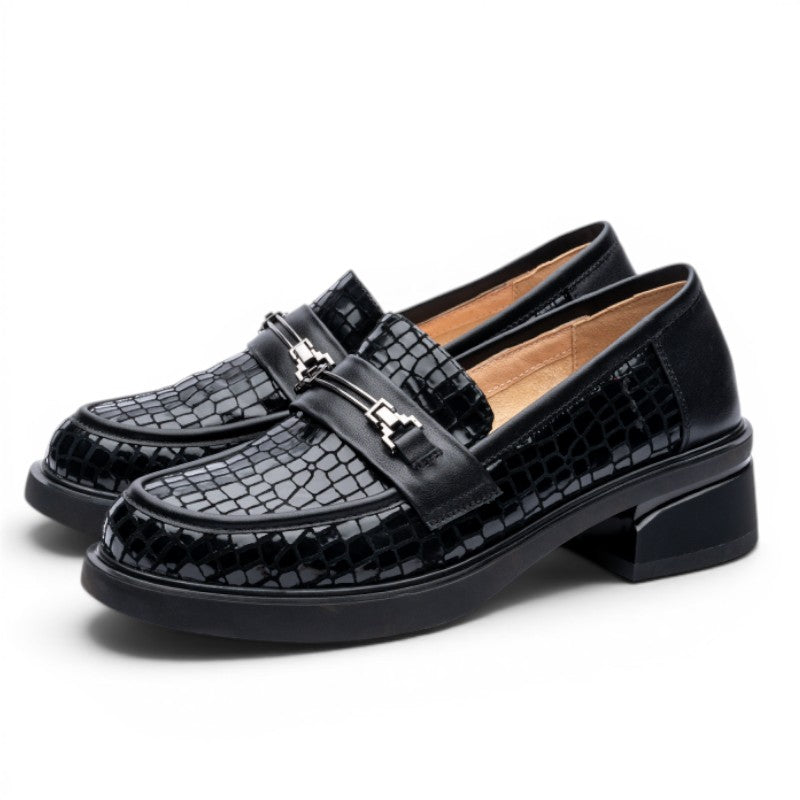 ShoeShop black shiny crocodile-embossed leather loafers with metal buckle detail and block heel.