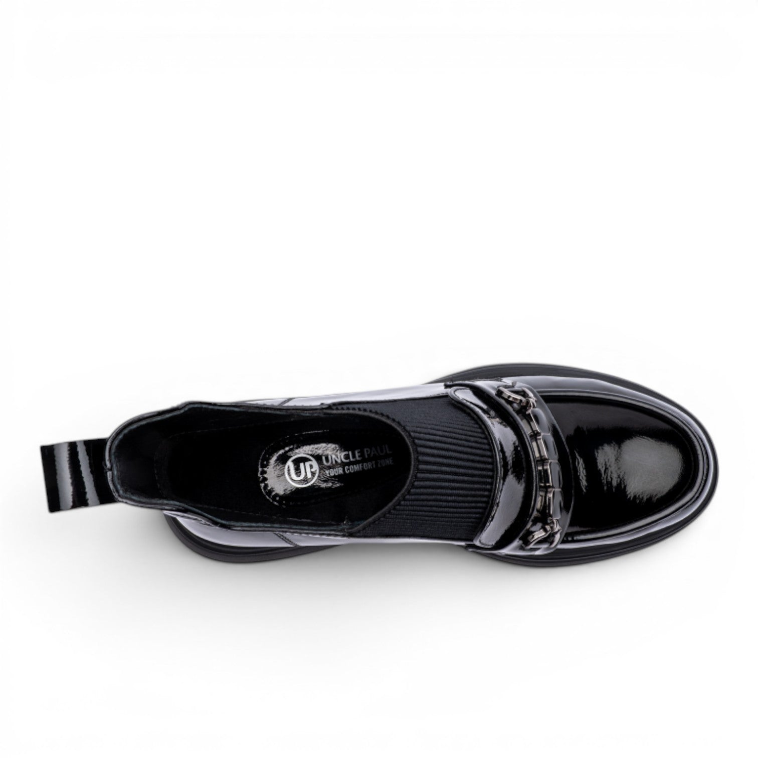 ShoeShop Sonya black patent leather Chelsea boots with elastic side panels and chain detail.