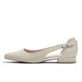 Beige synthetic pointed-toe flats with ankle strap and side cutouts.
