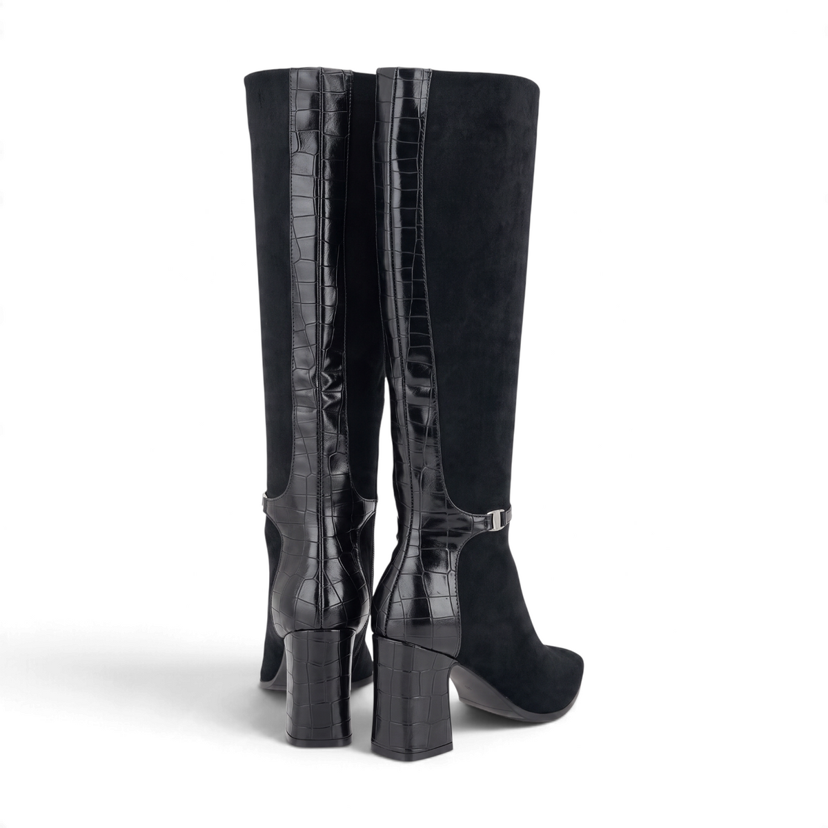 ShoeShop black knee-high boots featuring a suede front, crocodile-embossed back panel, and an 8.5cm block heel.