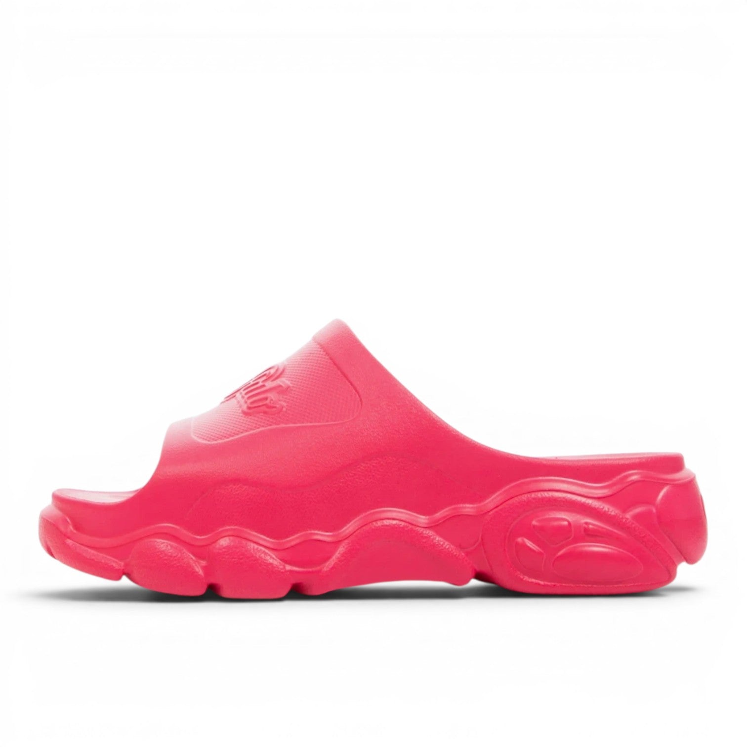 Buffalo 1622267 bright pink slide sandals with a chunky, sculpted sole and embossed logo.