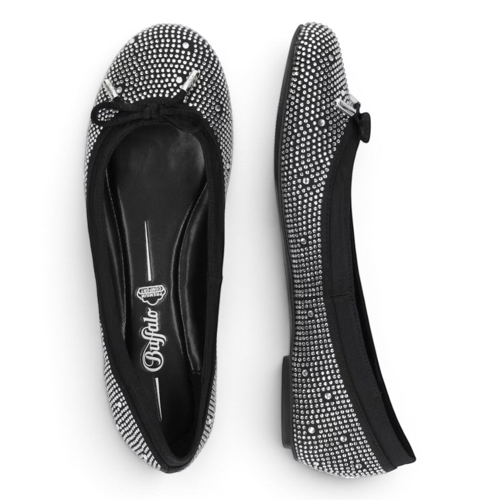 Buffalo black ballet flats adorned with rhinestones, featuring a small bow and silver-tone hardware.