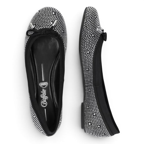 Buffalo black ballet flats adorned with rhinestones, featuring a small bow and silver-tone hardware.