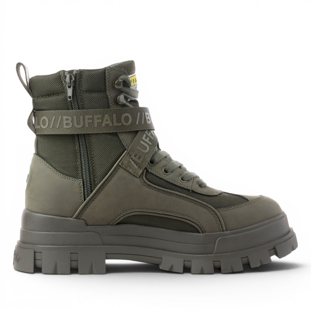 Buffalo olive green combat boots with side zipper, lace-up closure, and chunky lug sole.