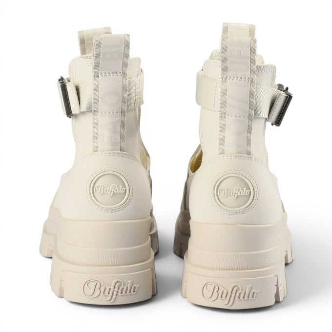 Buffalo cream platform sandals with buckle straps and embossed logo. Open-toe design.