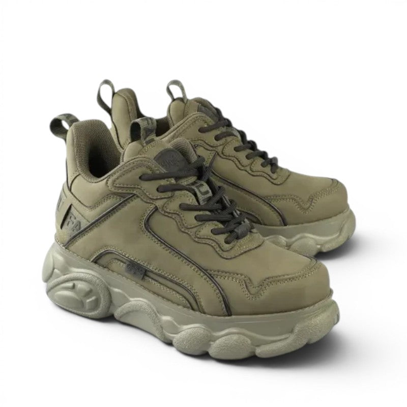 Buffalo khaki green chunky sole sneakers with black laces and pull tabs. Synthetic upper.