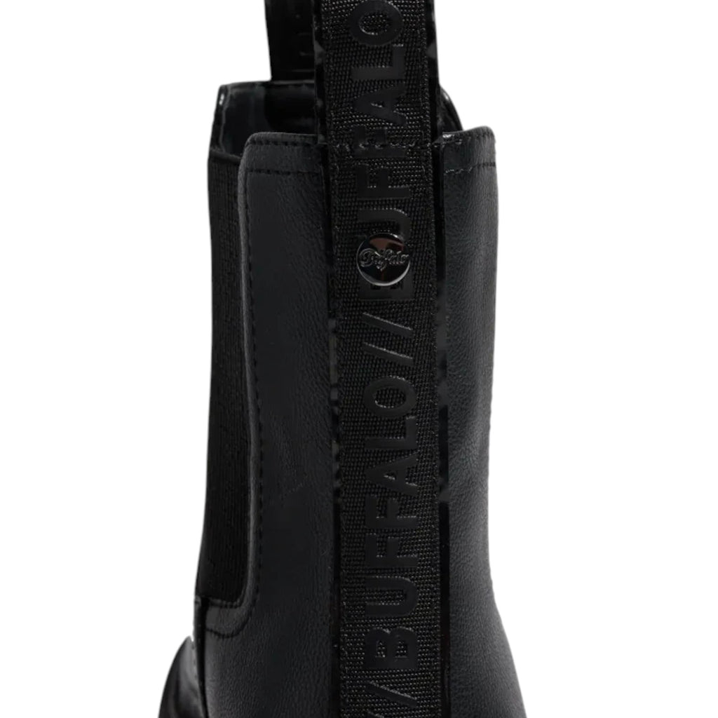 Buffalo black leather chelsea boots with elasticated side panels and branded pull tab.
