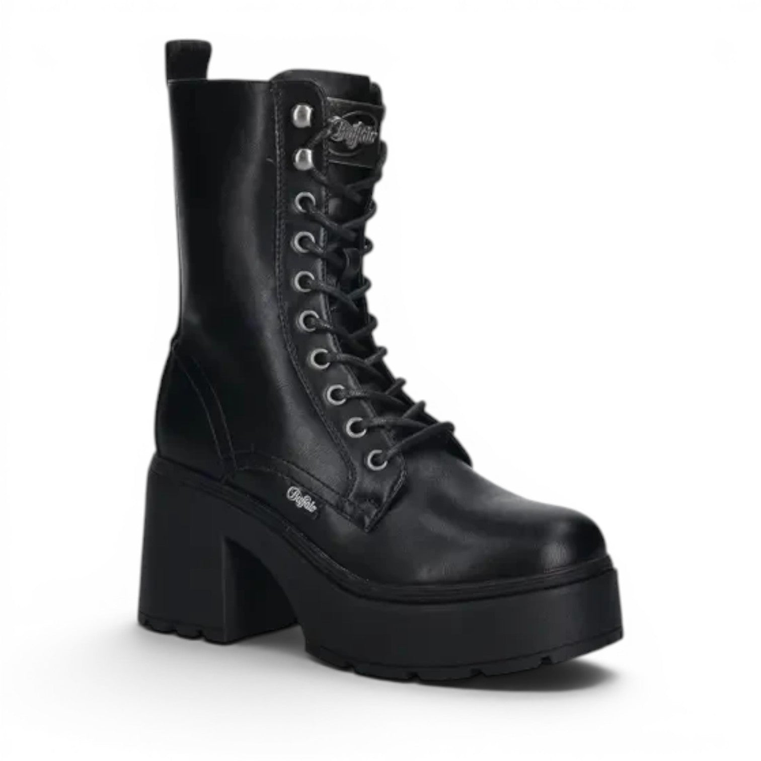 Buffalo black leather lace-up platform combat boots with a chunky heel and lug sole.
