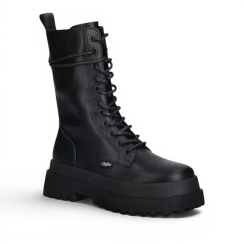 Buffalo black leather lace-up mid calf boots with a chunky platform sole and lug sole.