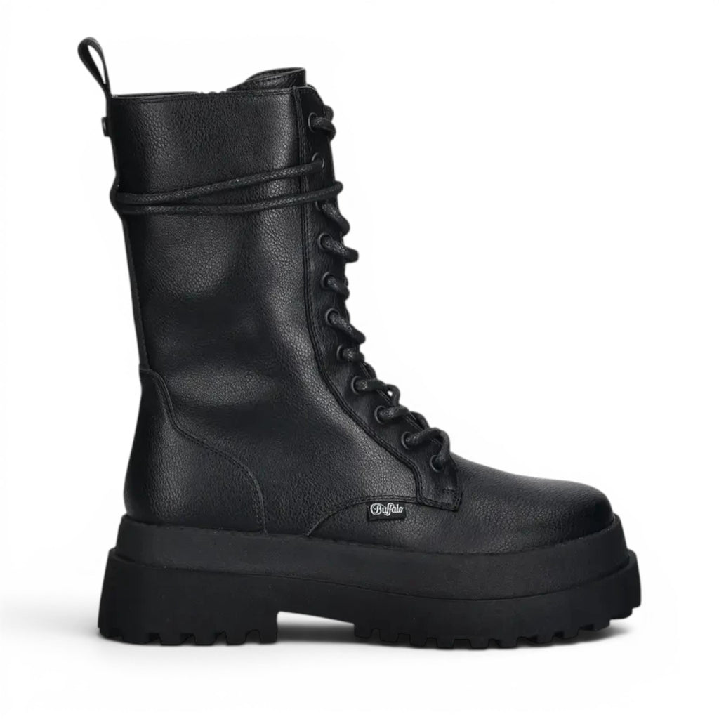 Buffalo black leather lace-up mid-calf boots with a chunky platform sole and side zipper.