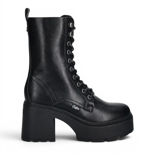 Buffalo black leather lace-up platform combat boots with a chunky heel and lug sole.