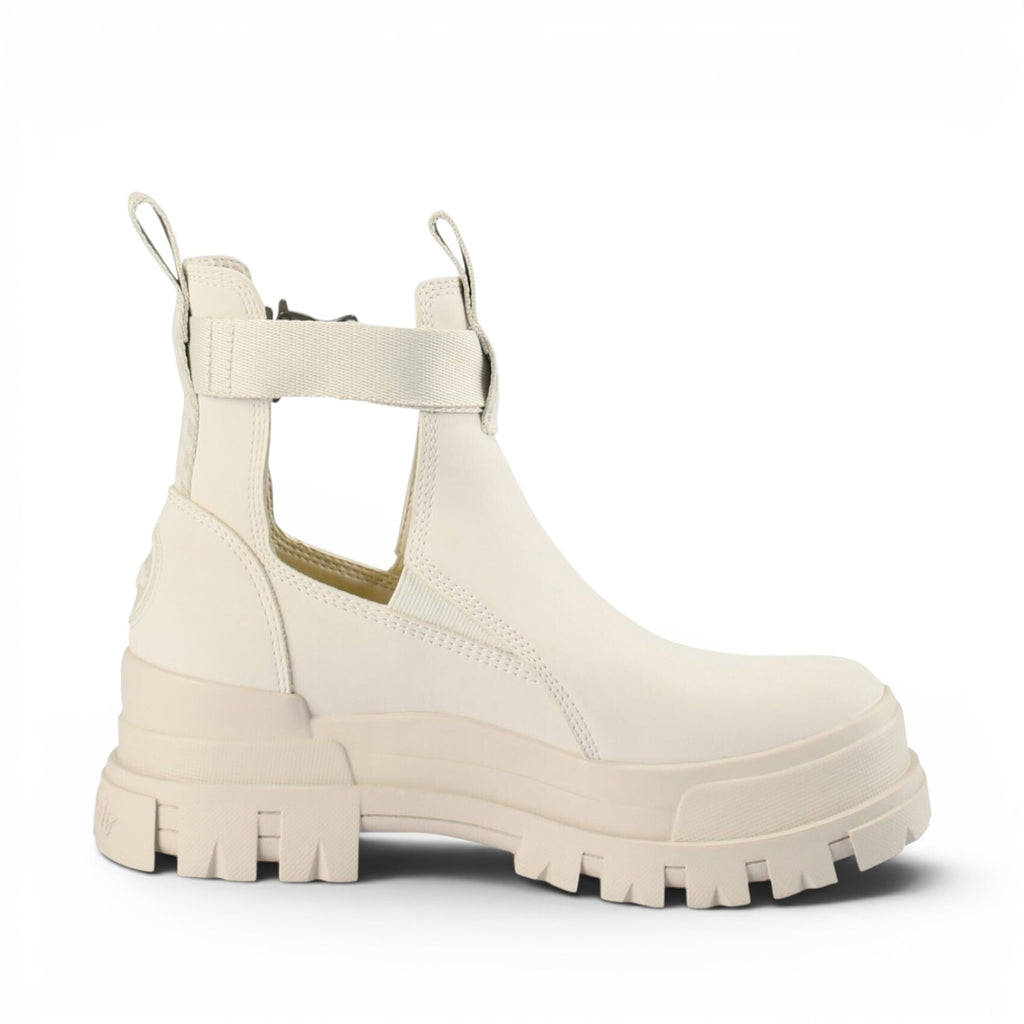 Buffalo 1622129 cream white leather cut-out ankle boots with chunky sole and strap detail.