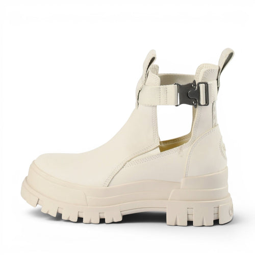 Buffalo cream leather ankle boots with cut-out sides and adjustable strap with buckle closure.