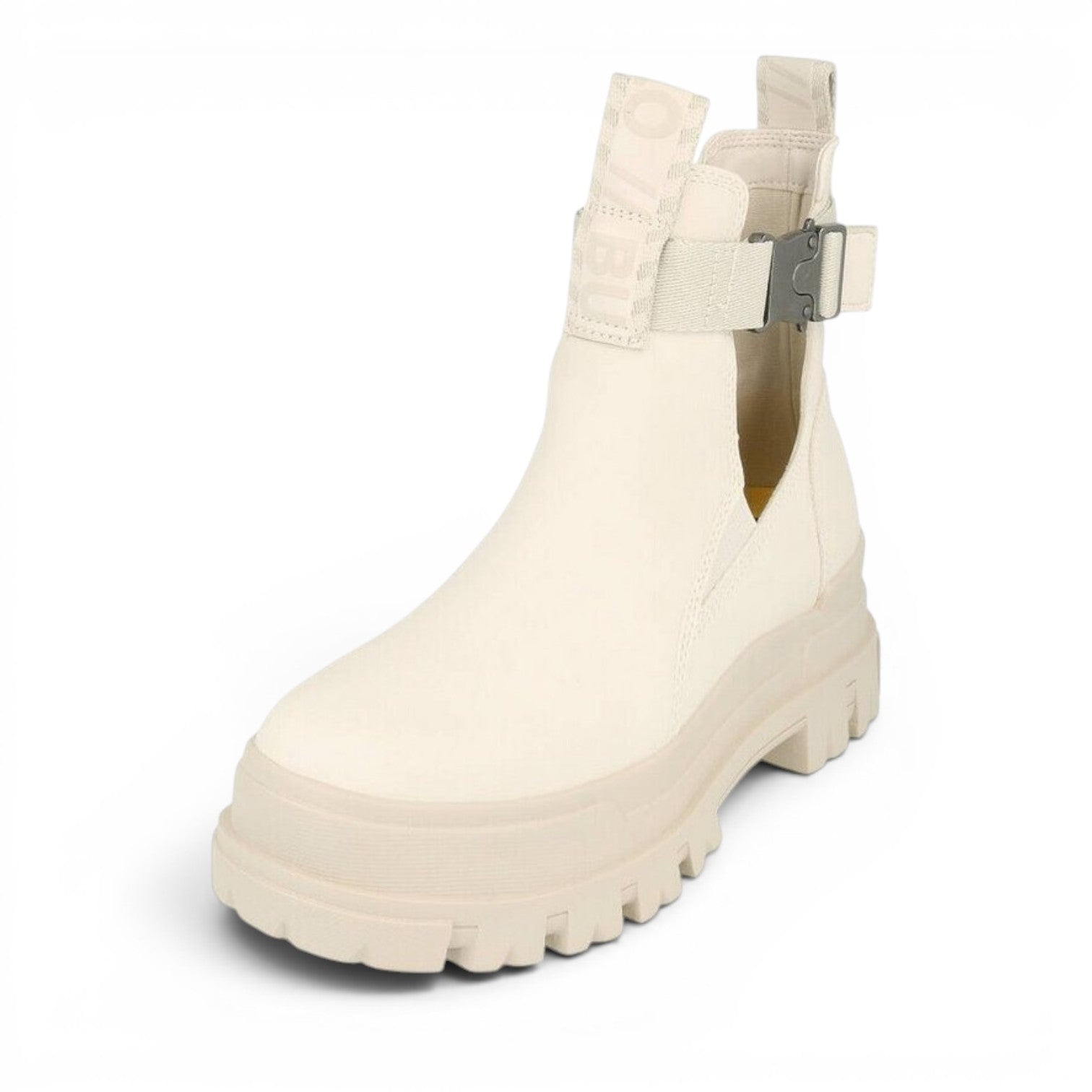 Buffalo 1622129 cream white leather chelsea boots with buckle strap and chunky sole