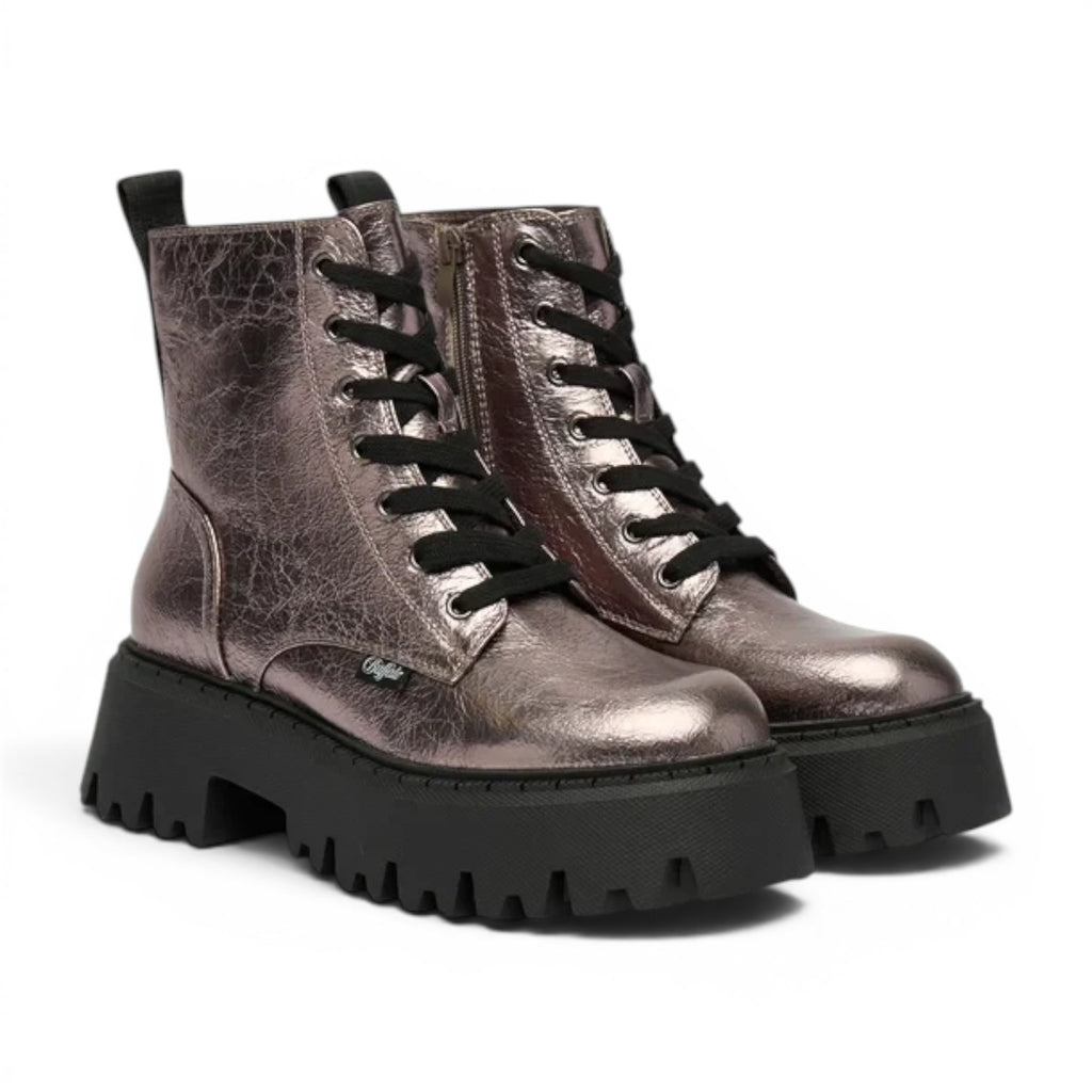 Buffalo Aspen Lace Up Mid boots in metallic rose gold with black laces and a chunky black sole.