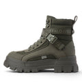 Buffalo olive green combat boots with buckle strap and lug sole. Textile and synthetic upper.