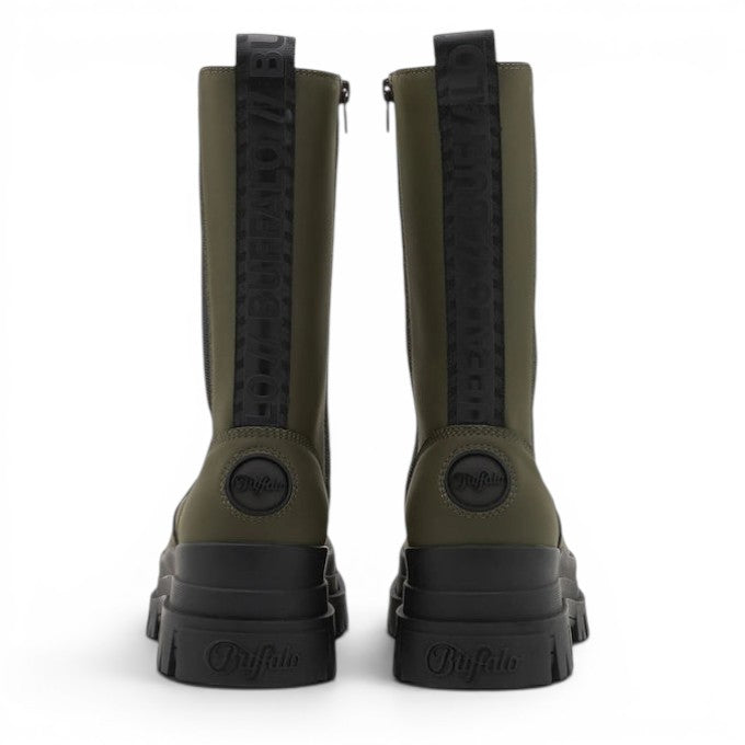 Buffalo Aspha CLF Rain Chelsea HI olive green platform boots with side zipper and logo detail.