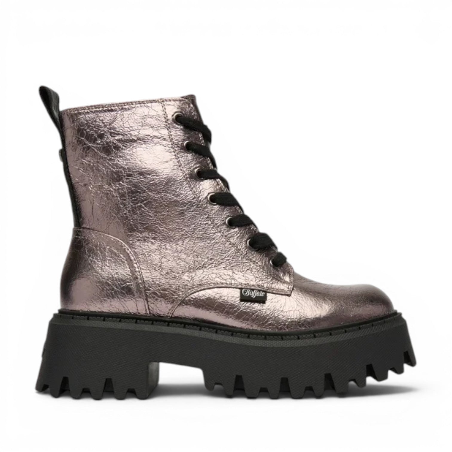 Buffalo Aspen Lace Up Mid boots in metallic rose gold with a chunky black sole and black laces.