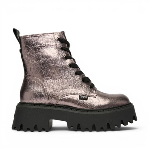 Buffalo Aspen Lace Up Mid boots in metallic rose gold with a chunky black sole and black laces.