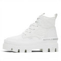 Buffalo white nylon lace-up combat boots with a chunky platform sole and side logo detail.