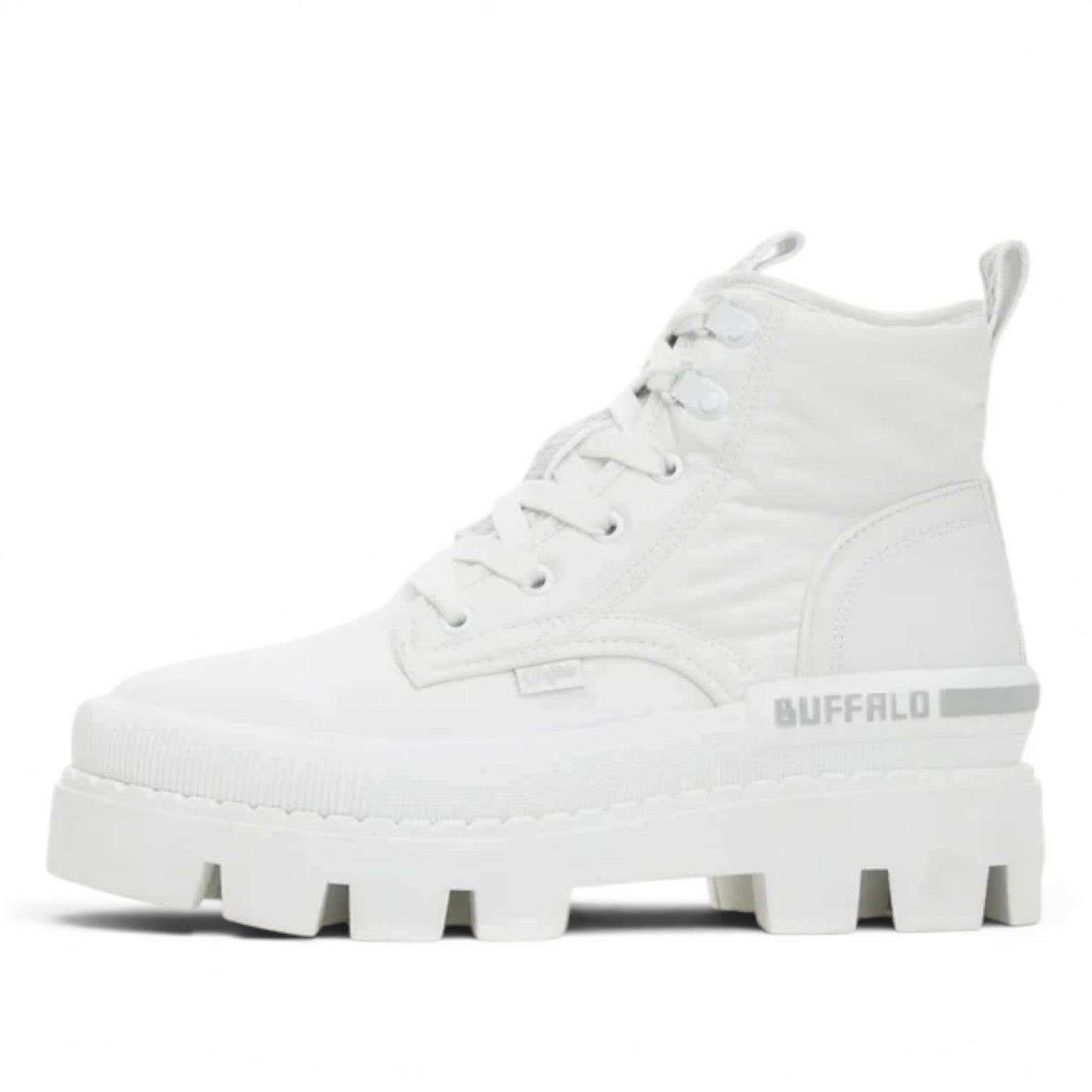 Buffalo white nylon lace-up combat boots with a chunky platform sole and side logo detail.