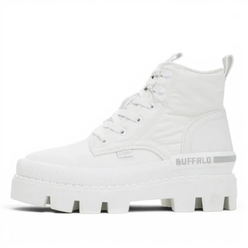 Buffalo white nylon lace-up combat boots with a chunky platform sole and side logo detail.