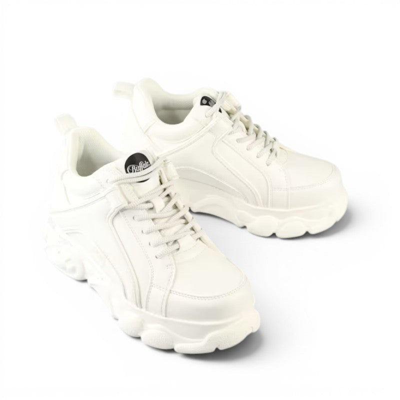 Buffalo CLD Corin BS white leather platform sneakers with lace-up closure and chunky sole.