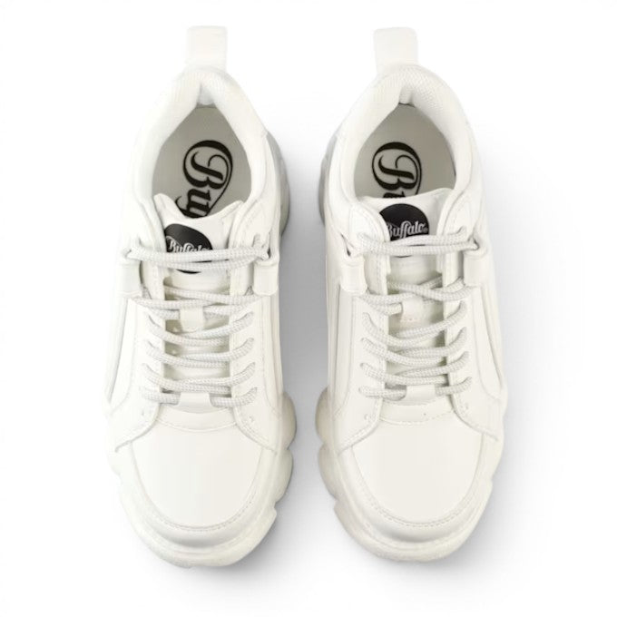Buffalo CLD Corin BS white leather platform sneakers with lace-up closure and chunky sole.