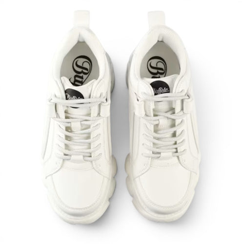Buffalo CLD Corin BS white leather platform sneakers with lace-up closure and chunky sole.
